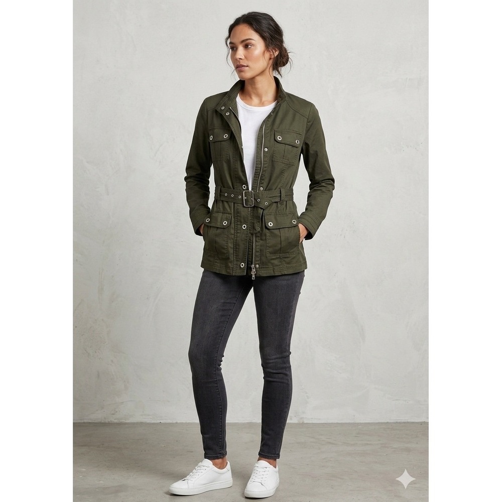 WHBM Olive Green Military Utility Jacket 4P Belted Shacket Gorpcore Boho Safari